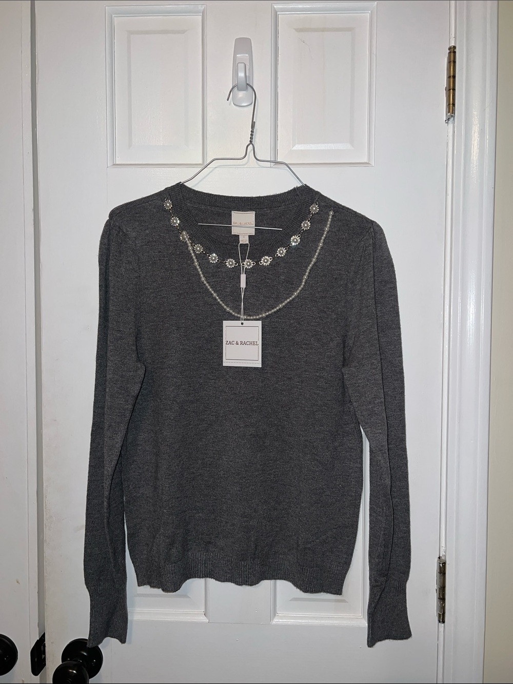 Zac & Rachel Dark Gray Crewneck Sweater with Beaded Necklace Detail